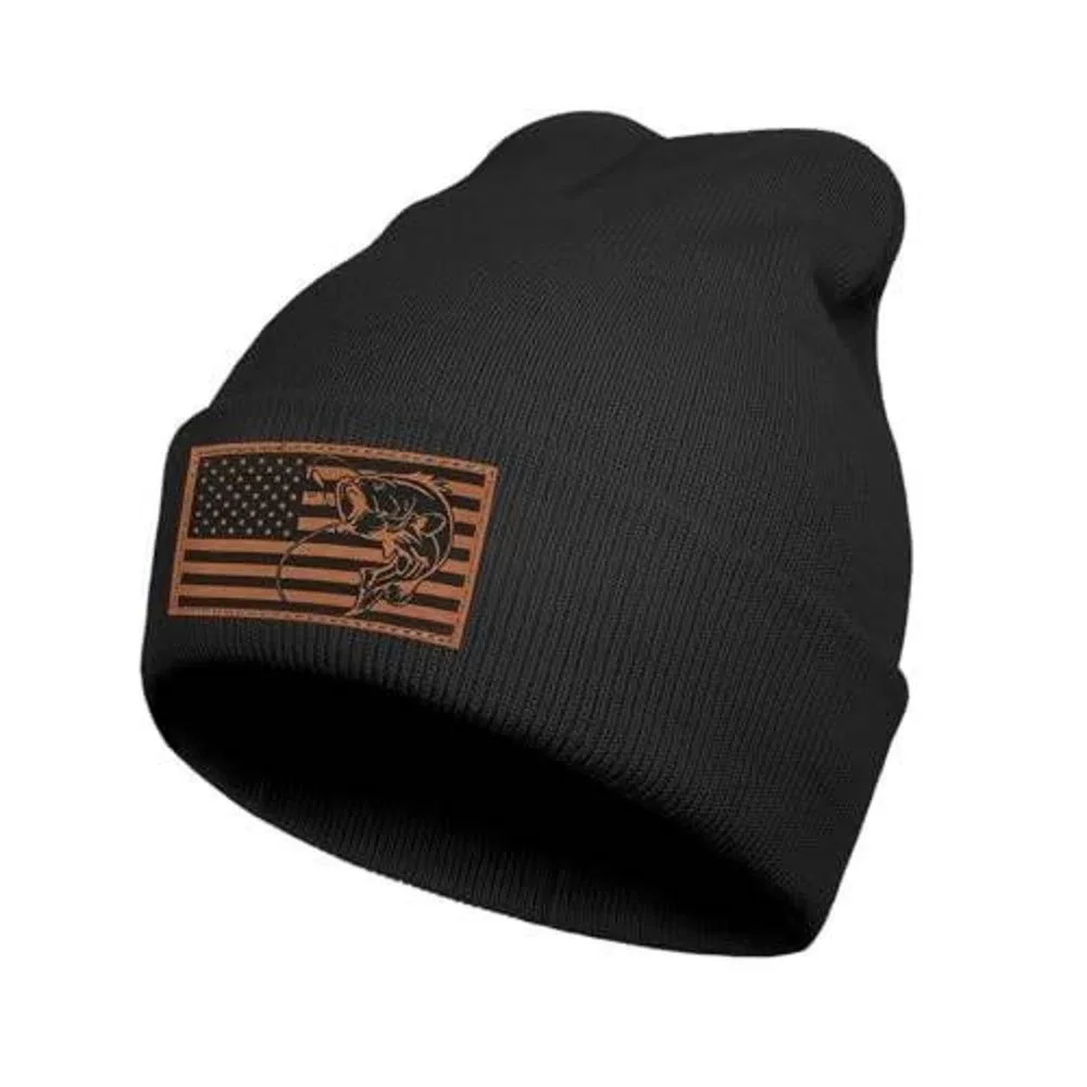Black Bass‎ Fishing American Flag Patch Beanie Knit Cuffed Winter Hat
